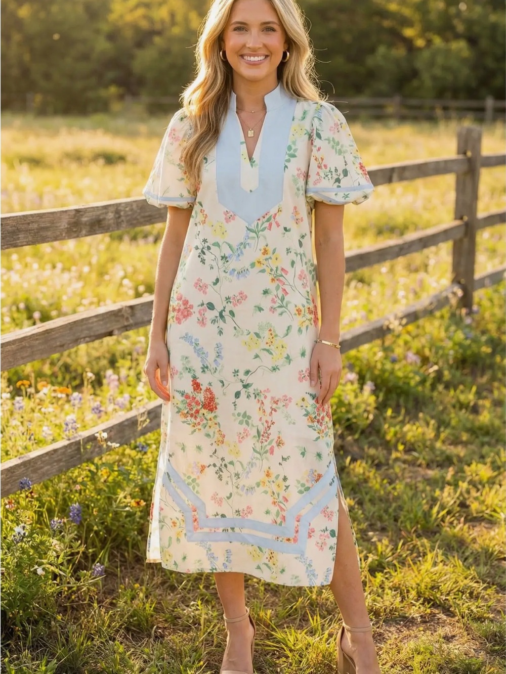 NWT Beeson River Cream Floral Maxi Dress with Blue Trim S and M